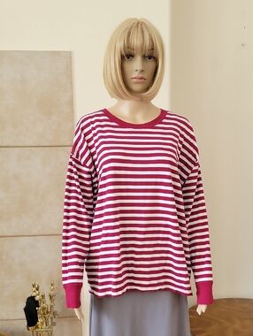 J.Crew Long-sleeve Cotton Stripe Tee, XL, Burgundy, White, EUC